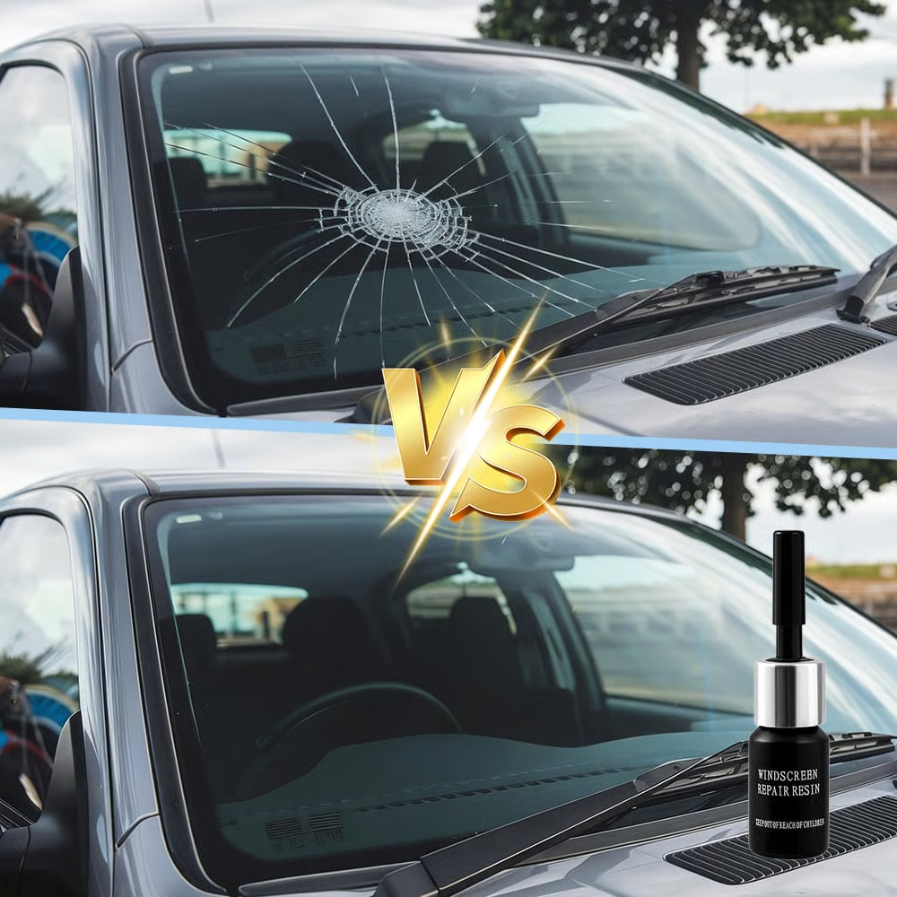 Small windshield chip spreading into a larger crack