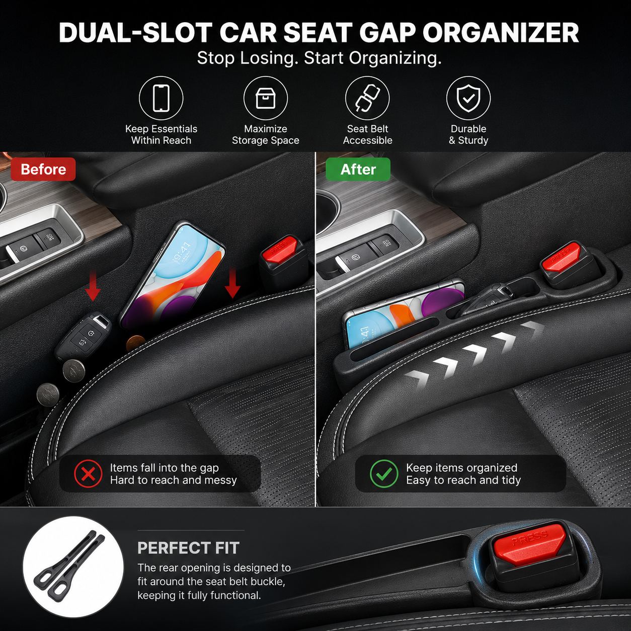 Before and after car seat gap organizer