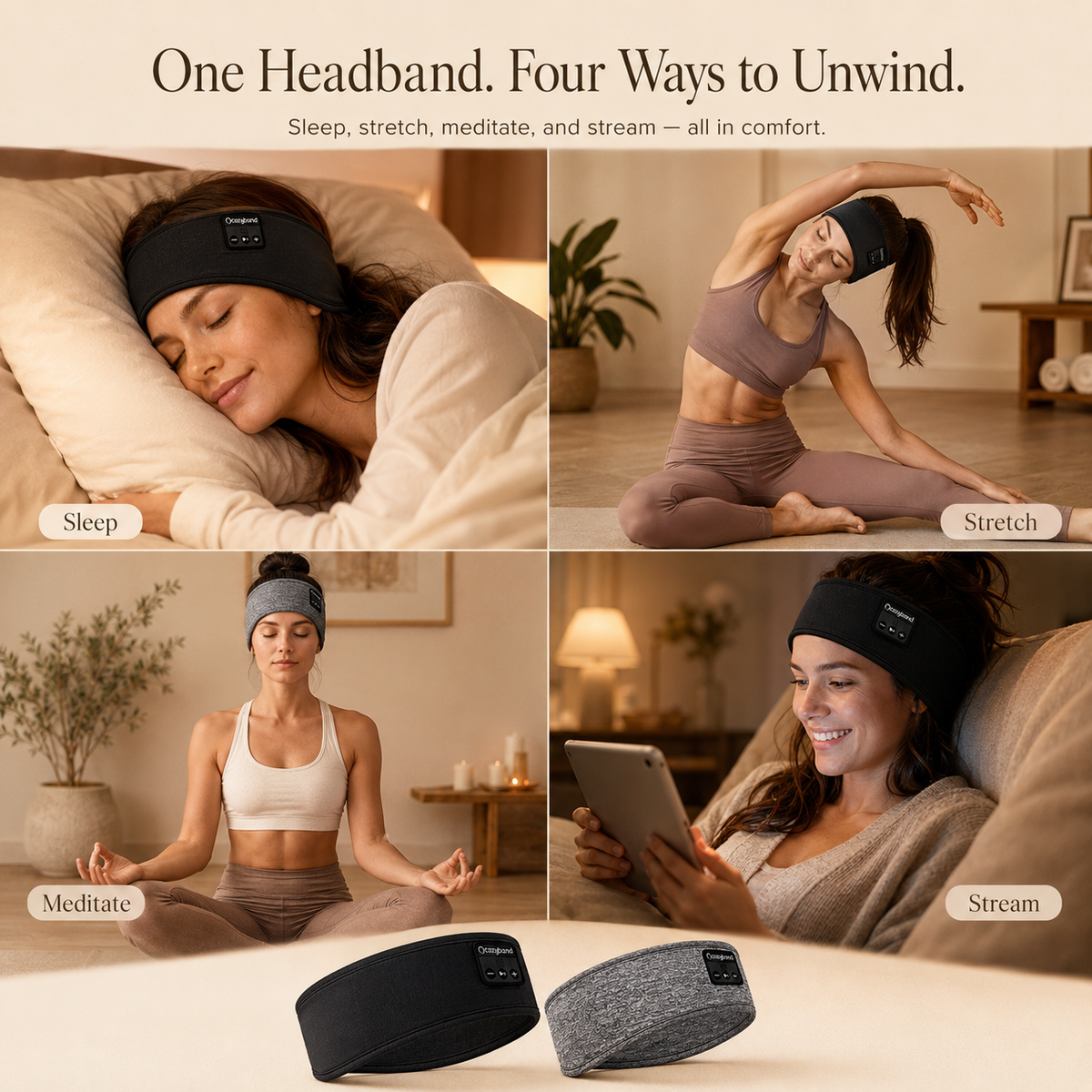 Bluetooth sleep headband for sleep stretching meditation and streaming