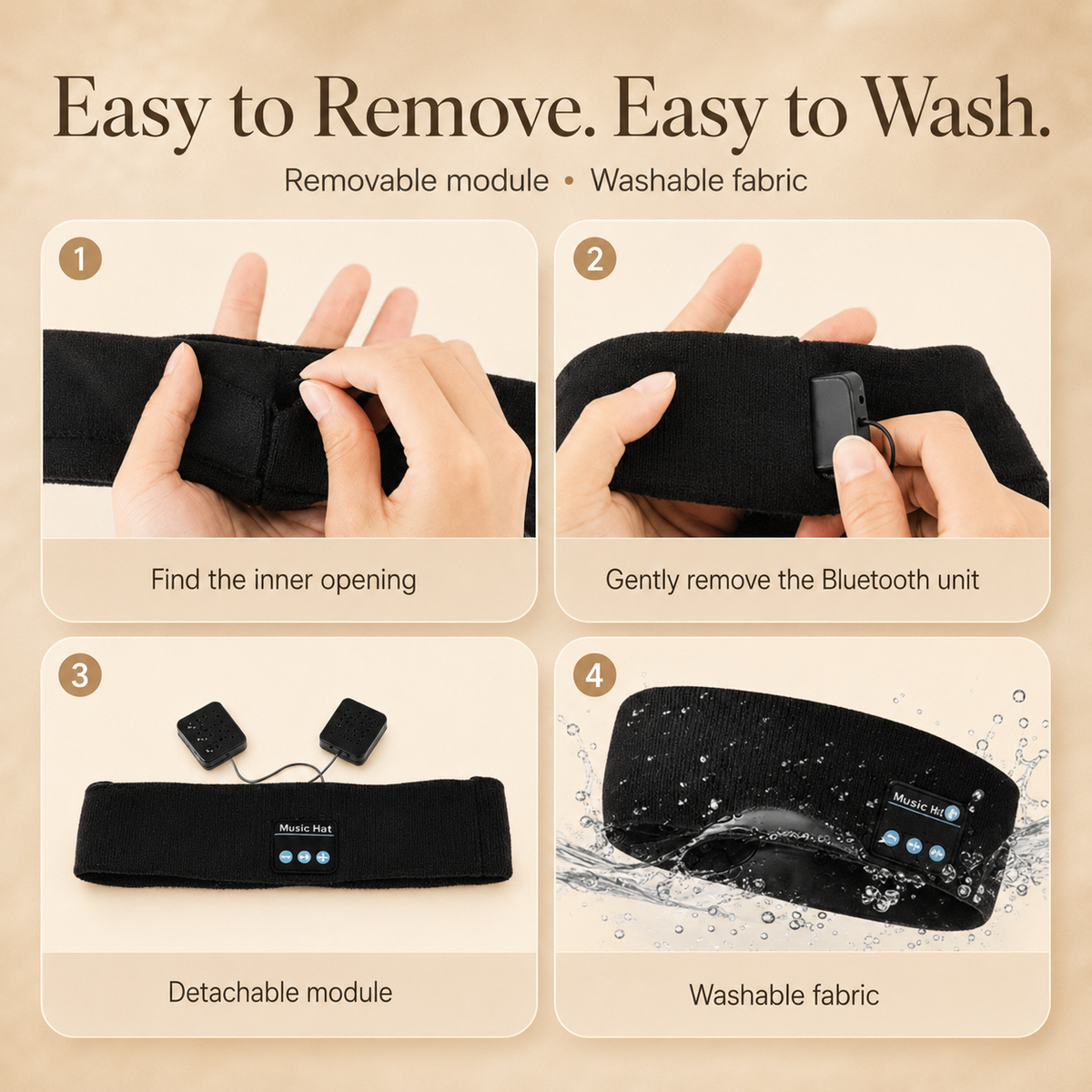 Removable Bluetooth module and washable sleep headband fabric