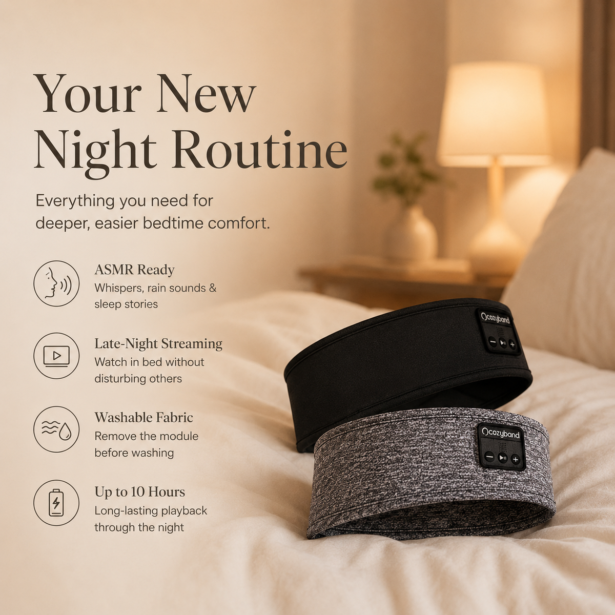Bluetooth sleep headband features for ASMR streaming washable fabric and battery life